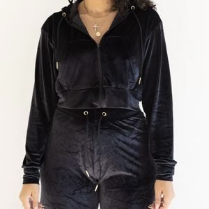 Levavi Velour Cropped Hoodie Zip Up Black Velvet Size Medium